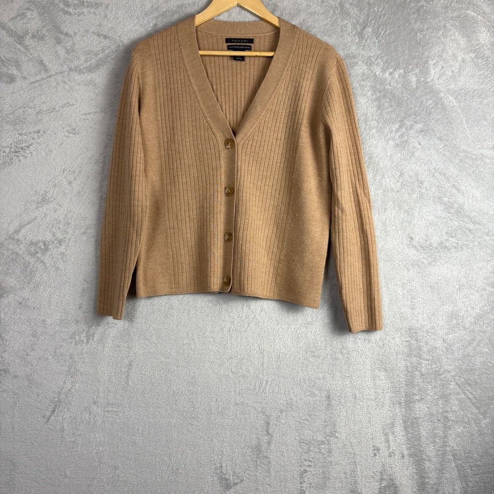 Tahari Cardigan Merino Wool Ribbed Size M Tan V-Neck Button Front Sweater